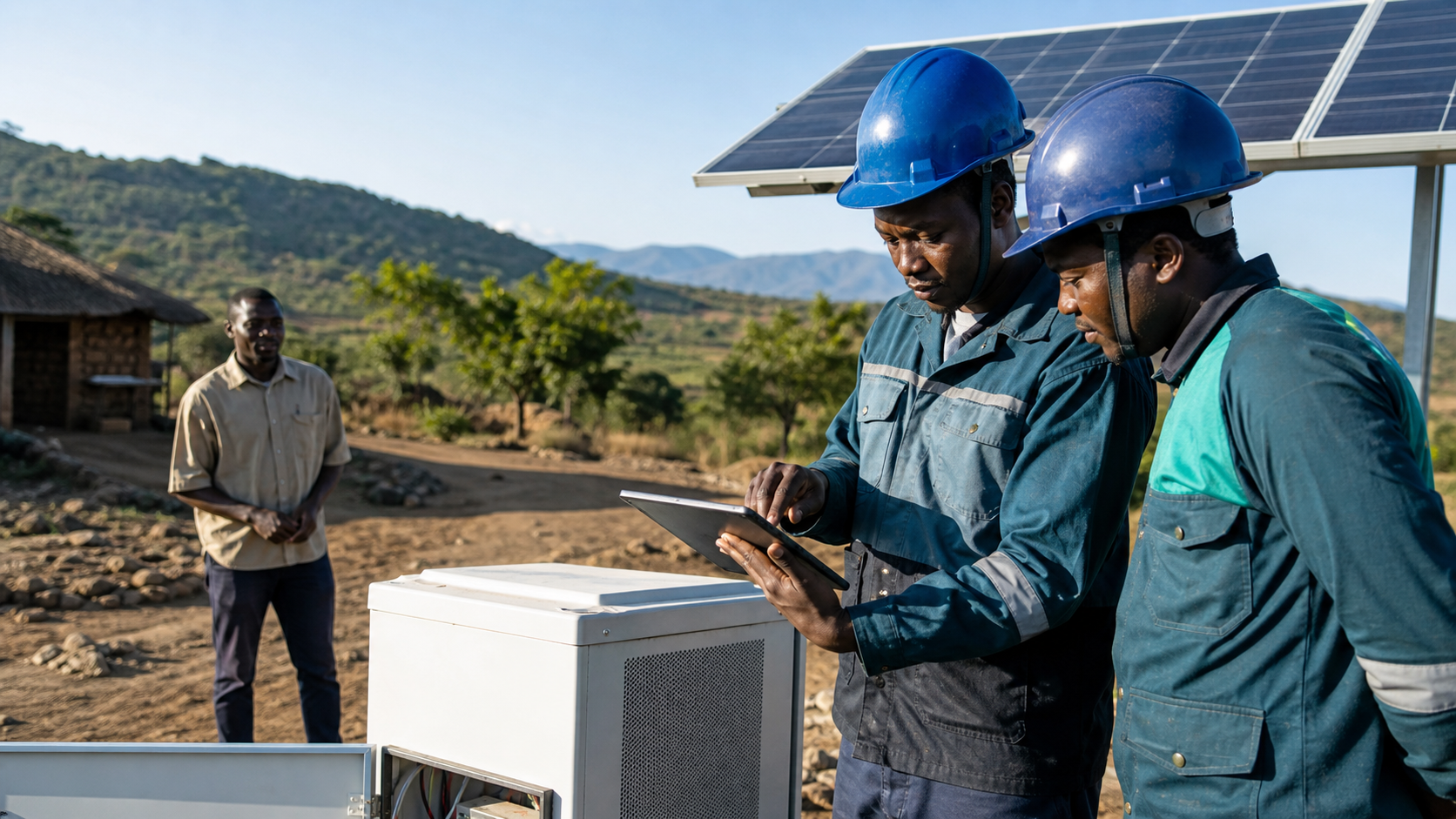 Field technicians inspecting a solar energy system